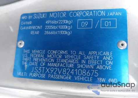 2002 Suzuki Xl-7 Limited/Plus/Standard/Touring from USA, damaged, VIN JS3TX92V824108675